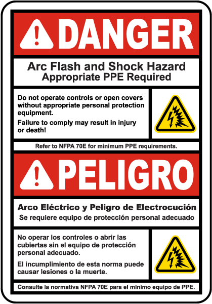 Bilingual Danger Arc Flash And Shock Hazard Label