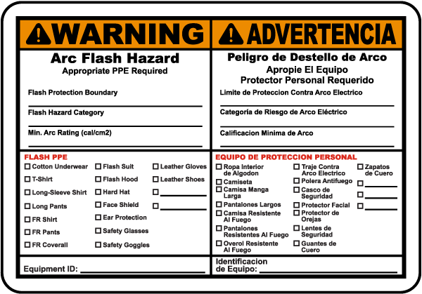 Bilingual Warning Arc Flash Hazard Label