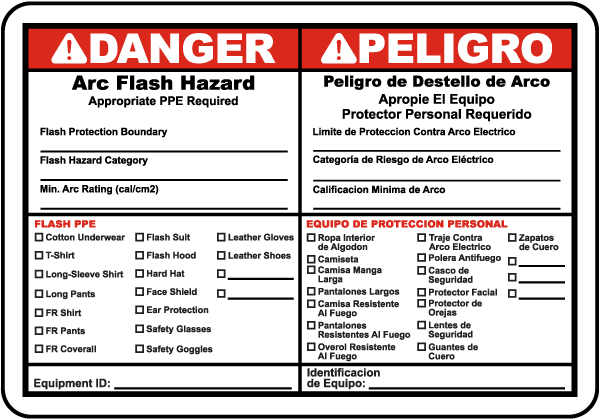 Bilingual Danger Arc Flash Hazard Label