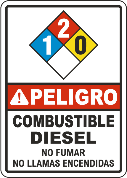 Spanish NFPA Danger Diesel Fuel 1-2-0 White Sign