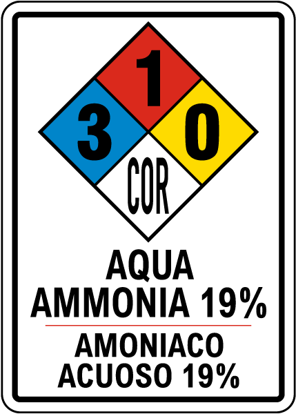 Bilingual NFPA Aqua Ammonia 19% 3-1-0 Sign
