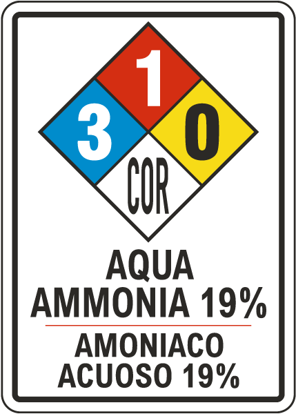 Bilingual NFPA Aqua Ammonia 19% 3-1-0 White Sign