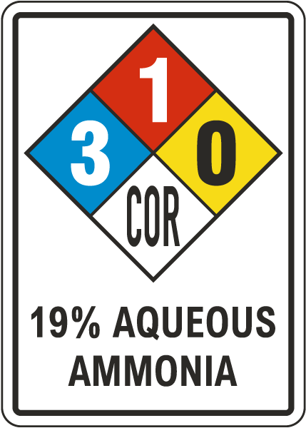 NFPA 19% Aqueous Ammonia 3-1-0-COR White Sign