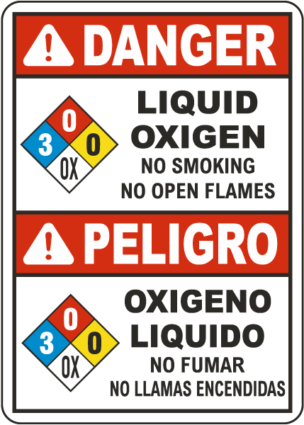 Bilingual NFPA Danger Liquid Oxygen 3-0-0-OX White Sign