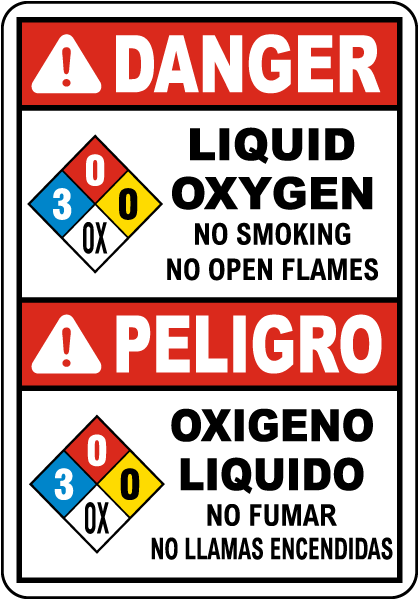 Bilingual NFPA Danger Liquid Oxygen 3-0-0-OX White Sign