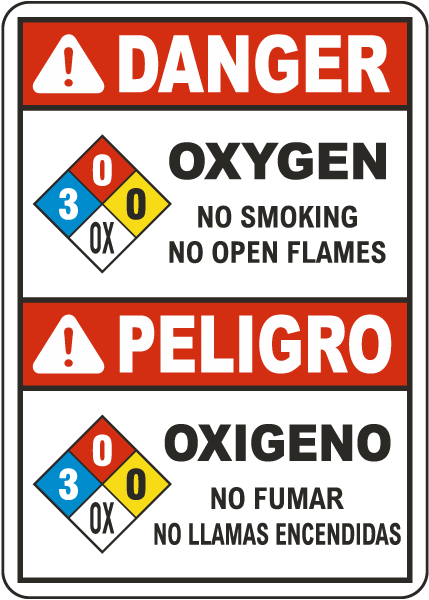 Bilingual NFPA Danger Oxygen 3-0-0-OX White Sign