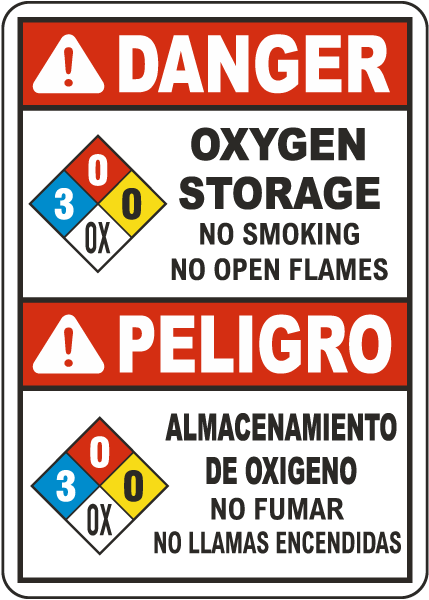 Bilingual NFPA Danger Oxygen Storage 3-0-0-OX White Sign