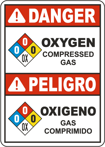 Bilingual NFPA Danger Oxygen Compressed Gas White Sign