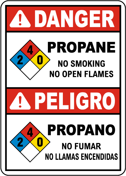 Bilingual NFPA Danger Propane 2-4-0 No Smoking No Open Flames Sign