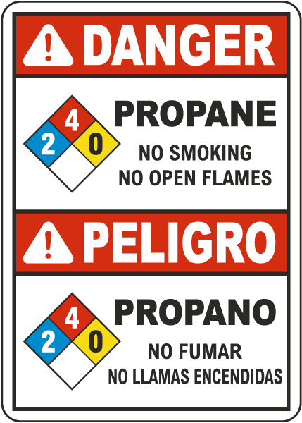 Bilingual NFPA Danger Propane 2-4-0 No Smoking No Open Flames Sign