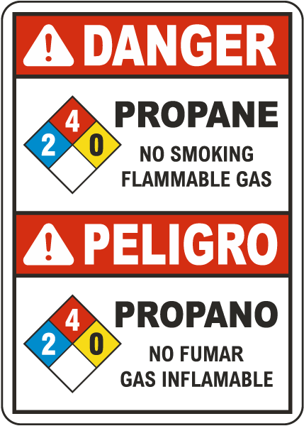 Bilingual NFPA Danger Propane 2-4-0 No Smoking Flammable Gas Sign