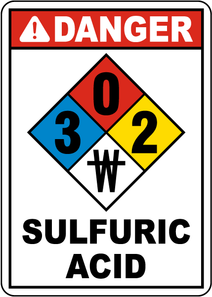 NFPA Danger Sulfuric Acid 3-0-2-No Water Sign
