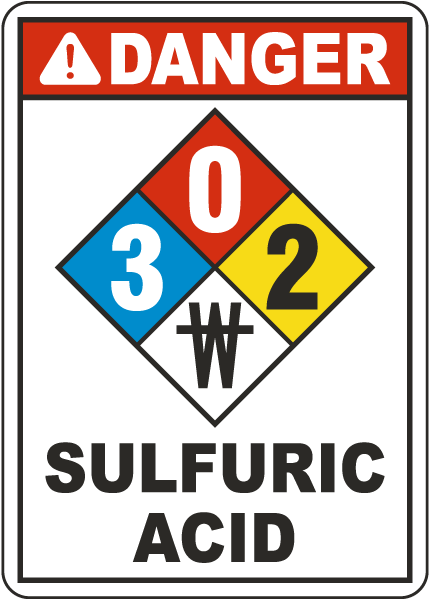 NFPA Danger Sulfuric Acid 3-0-2-No Water White Sign