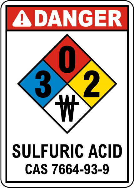 NFPA Danger Sulfuric Acid 3-0-2-No Water Sign