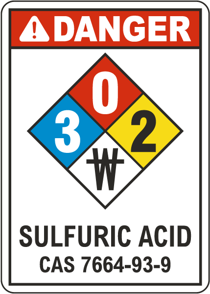 NFPA Danger Sulfuric Acid 3-0-2-No Water White Sign