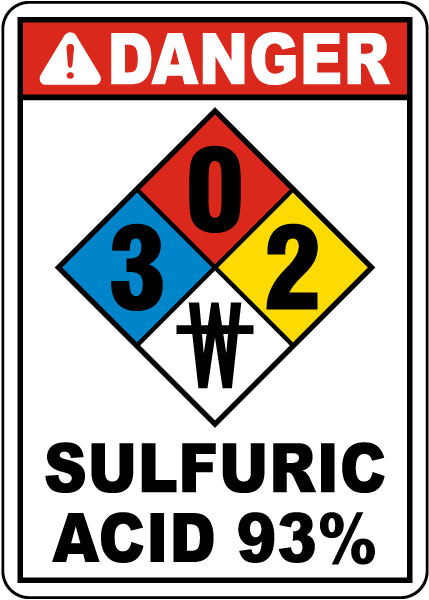 NFPA Danger Sulfuric 93% 3-0-2-No Water Sign