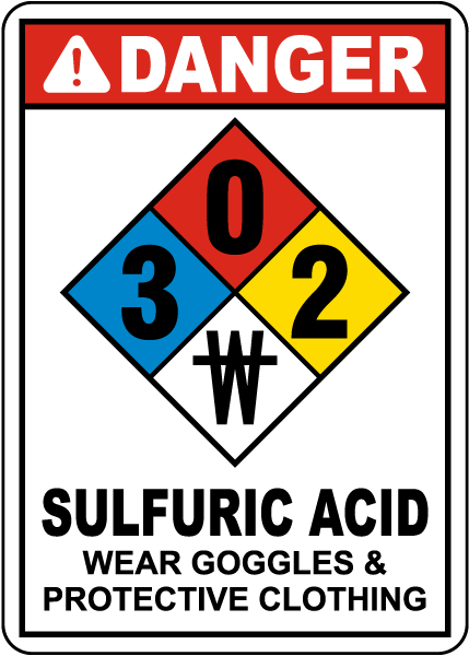NFPA Danger Sulfuric Acid 3-0-2-No Water Sign