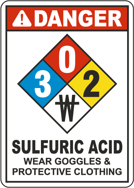 NFPA Danger Sulfuric Acid 3-0-2-No Water White Sign