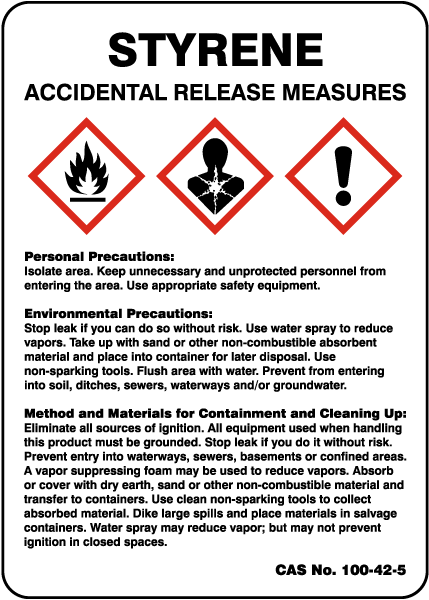 Styrene Accidental Release Measures Sign
