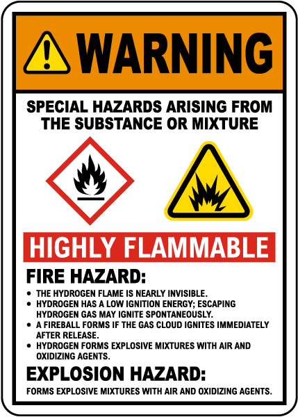 Warning Hydrogen Special Hazards Sign