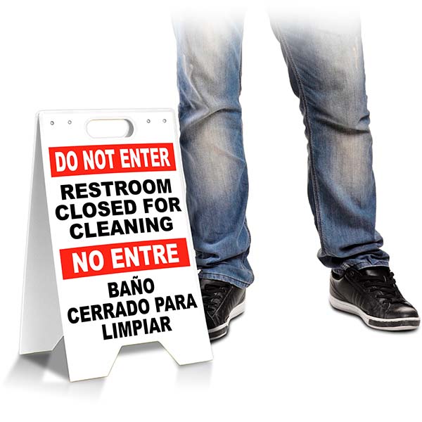 Bilingual Restroom Closed for Cleaning Floor Sign