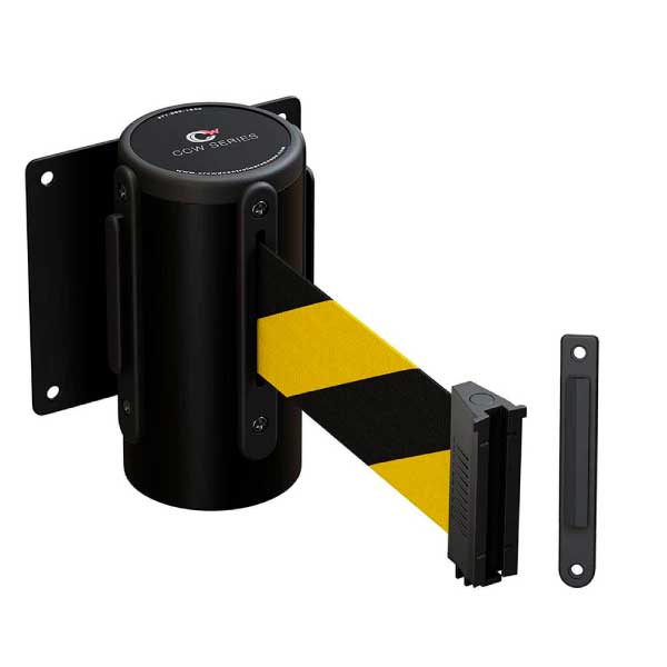 Retractable Belt Barrier with Black Steel Case and 11 ft. Black Yellow Belt