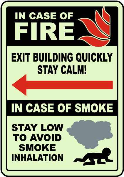 In Case of Fire Exit Building Quickly (Left Arrow) Sign