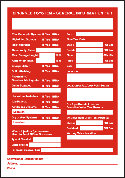 Sprinkler System General Information Sign
