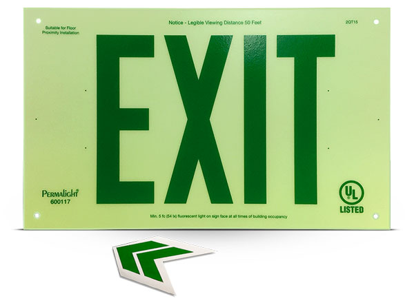 Photoluminescent Unframed Green Exit Sign