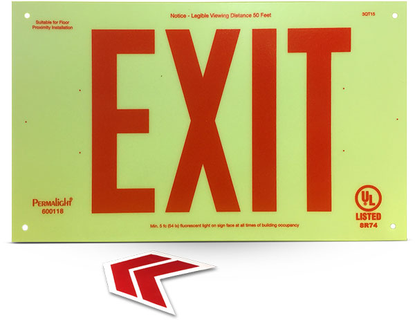 Photoluminescent Unframed Red Exit Sign