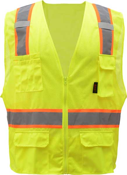 ANSI Class 2 Premium Surveyors Safety Vest with 6 Pockets, Contrasting Trim