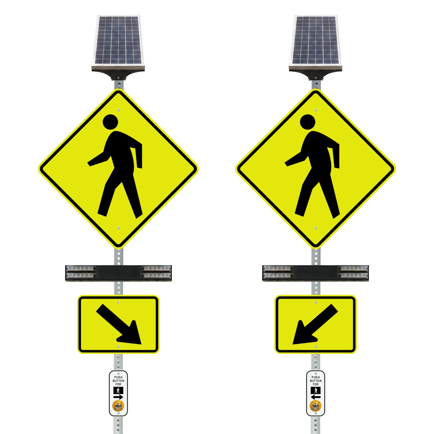 RRFB MUTCD Pedestrian Crosswalk Kit, Single-Sided Solar, 30" Fluorescent Yellow-Green DG Sign