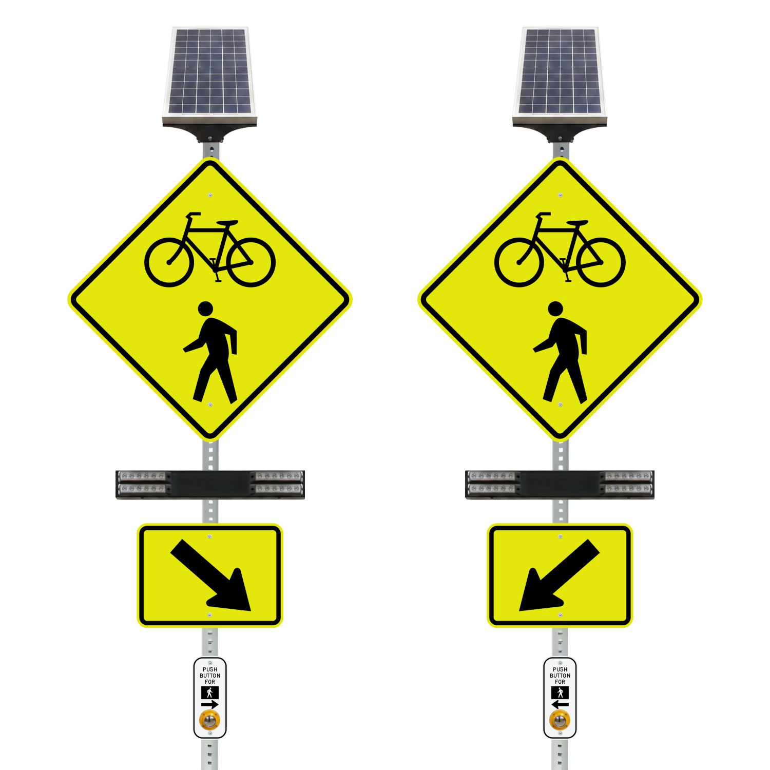 RRFB MUTCD Bike & Pedestrian Crosswalk Kit, Single-Sided Solar, 30" Fluorescent Yellow-Green DG Sign