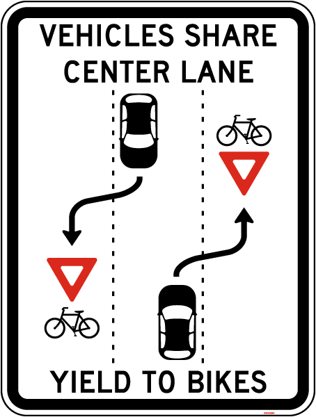 Vehicles Share Center Lane Yield To Bikes Sign