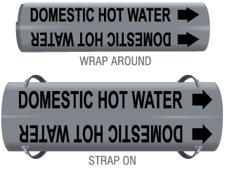 Domestic Hot Water Snap-Around and Strap-On Pipe Marker