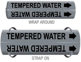 Tempered Water Snap-Around and Strap-On Pipe Marker