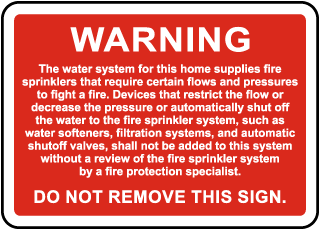 NFPA Residential Sprinkler System Warning Sign 