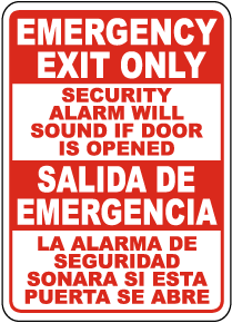 Bilingual Emergency Exit Only Alarm Will Sound If Opened Sign