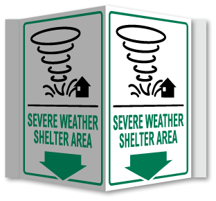 Severe Weather Shelter Down Arrow 3-Way Sign