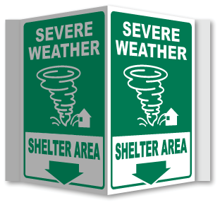 Severe Weather Shelter Area Down Arrow 3-Way Sign