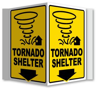 Tornado Shelter Down Arrow 3-Way Sign