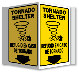 Bilingual Tornado Shelter Down Arrow 3-Way Sign