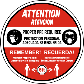 Bilingual Attention Proper PPE Required Floor Sign