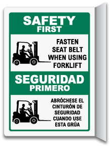Bilingual Safety First, Fasten Seat Belt When Using Forklift Sign