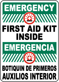 Bilingual Emergency First Aid Kit Inside Sign