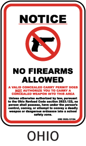 Ohio School Zone No Firearms Allowed Sign