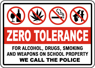 Zero Tolerance For Alcohol, Drugs, Smoking and Weapons On School Property Sign