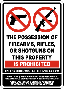 New York Firearms Prohibited On This Property Sign