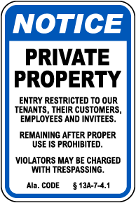 Alabama Violators May Be Charged with Trespassing Sign