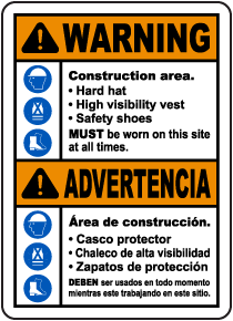 Bilingual Warning Construction Area PPE Sign